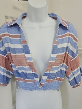 Zara Blue, Rust and White Striped Cropped Button-Down, Sz S